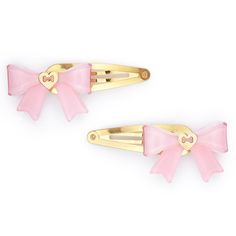 Fifi & Romeo x Kollectin ladies accessories small bow hair clip set in pink or aqua. Gold plated mix metal, acrylic, heart & bone, bow size appx 1.5"W x 1"L, set of 2 hair clips. Bow Hair Clip, Cute Pink Hair Accessories, Cute Hairclips, Angel Hair Clips, Cheap Cute Pink Clips, Pink Hair Clips Aesthetic, Png Accessories, Small Pink Bow, Pink Hair Accessories