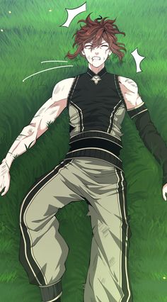 an anime character laying in the grass with his arms out and eyes closed, looking like he's falling asleep