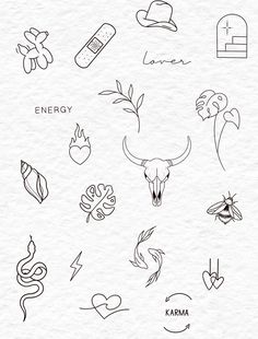 various tattoo symbols are shown in black and white, with the words energy written on them