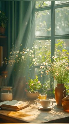 the sun shines brightly through an open window onto a table with flowers and books