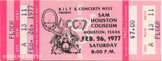 an old concert ticket from the 1970's with pink and white stripes on it