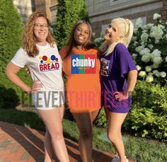 three women standing next to each other in front of some bushes and flowers with the words chucky on them