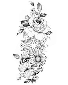 a black and white drawing of flowers with leaves on the bottom half of the arm