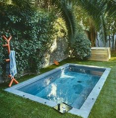 an in ground pool surrounded by lush green grass