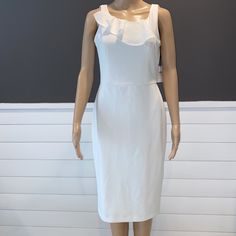 Calvin Klein Dress New , Size 4, Color Cream White Sleeveless Knee-length Formal Dress, White Sleeveless Knee-length Dress For Formal Occasions, White Knee-length Sleeveless Formal Dress, Elegant Calvin Klein Sleeveless Dress For Summer, White Fitted Sleeveless Formal Dress, Elegant White Sleeveless Sheath Dress, White Sheath Dress With Ruffles, Elegant White Sheath Sleeveless Dress, White Ruffled Sheath Dress