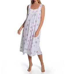 Soft cotton nightgown with a pretty floral print and details to match. Square neckline is outlined with a floral applique border. Functional partial button closure at front opens with five flower-shaped buttons. Buttons are polished genuine shell. Ruching above bust gives front a fuller fit. Wide straps are lined with same cotton fabric for soft contact with floral applique along the sides. High back coverage. Back is ruched to add fullness. Vents at hemline keep fit open for easy movement. Hang Spring Floral Print Sleeveless Nightgown, Sleeveless Floral Print Sleepwear For Bedtime, Sleeveless Floral Print Sleepwear For Lounging, Sleeveless Floral Print Sleepwear For Sleepovers, Feminine Floral Print Nightgown For Daywear, Feminine Sleeveless Floral Print Nightgown, Sleeveless Cotton Floral Print Nightgown, Sleeveless Floral Print Nightgown, Sleeveless White Nightgown With Floral Print