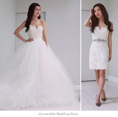 two pictures of the same woman in wedding dresses, one is wearing a strapless dress