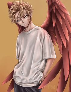 an anime character is standing with his hands in his pockets and wings on his back