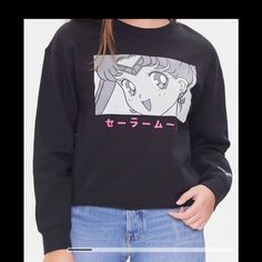 Pretty Guardian Sailor Moon Womens Sweatshirt Size S New Never Used Fall Anime Print Crew Neck Top, 90s Inspired Black Crew Neck Top, 90s Inspired Long Sleeve Letter Print Tops, 90s Inspired Long Sleeve Top With Letter Print, Trendy Forever 21 Tops With Graphic Print, Forever 21 Black Crew Neck T-shirt, Forever 21 Graphic Print Tops For Streetwear, 90s Inspired Long Sleeve Graphic Top, 90s Inspired Long Sleeve Graphic Print Tops