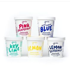 five ice cream cups with different flavors