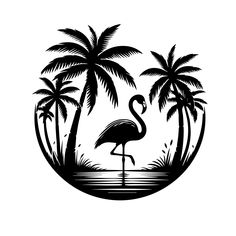 a black and white silhouette of a flamingo standing in front of palm trees