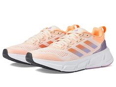 adidas Running Questar - Women's Shoes : Bliss Orange/Beam Orange/Matte Purple Metallic : Accentuate your street-style wearing the adidas Running Questar Shoes. Textile and synthetic upper. Textile lining and insole. Lace-up closure. Round toe. Pull loops for easy wear and removal. Signature stripes pattern on the upper. Soft padded collar for enhanced comfort. Cloudfoam unit sole. Molded heel counter. Synthetic outsole. Imported. Measurements: Weight: 10 oz Product measurements were taken using Spring Running Sneakers With Adidas Logo, Adidas Logo Sneakers For Spring Jogging, Spring Sports Running Shoes Fade-resistant, Spring Adidas Athleisure Running Shoes, Spring Athleisure Running Shoes With Adidas Logo, Spring Athleisure Adidas Running Shoes, Adidas Slip-on Running Shoes With Logo, Adidas Running Shoes For Spring, Spring Synthetic Running Shoes With Boost Midsole