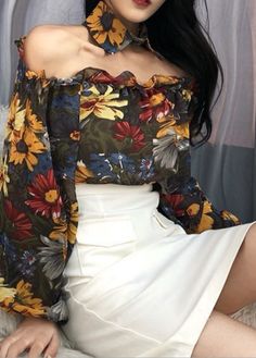 Floral Ruffles Off Shoulder Sexy Blouse. It is street style, good for elegant ladies, classy teens and modern fashion Korean Blouse Outfit, Summer Blouse Outfit, Romantic Essence, Top Inspiration, Pretty Dresses Casual, Meeting Outfit, Korean Blouse, Random Clothes, Ladies Tops Blouses