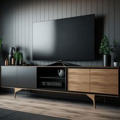 a living room with a large television on the wall and plants in vases next to it