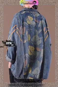 Loose Make Old Blue Stand Collar Zippered Print Denim Coats Long Sleeve Blue Non-stretch Spring Outerwear, Long Denim Coat, Mori Girl Fashion, Print Denim, Comfortable Room, Mori Girl, Printed Denim, Denim Coat, Girl Style