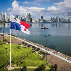 the texas state flag is flying in front of a cityscape and lakefront