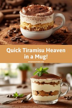 Two delectable tiramisu mug cakes topped with cocoa powder, one garnished with fresh mint leaves. Easy Mug Desserts, School Cookies Recipe, Easy Tiramisu, Cake Preparation, Easy Zucchini Recipes