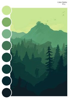 a poster with trees and mountains in the background