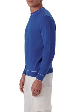 Contrast trim highlights the ribbed neck, cuffs and hem of a lightweight crewneck sweater knit in a breathable cotton blend. 28" length; 44" chest Crewneck Long sleeves Ribbed cuffs and hem 90% cotton, 10% nylon Dry clean Made in Turkey Blue Crew Neck Sweater With Ribbed Neckline, Blue Crew Sweater With Ribbed Neckline, Fitted Crew Neck Sweater With Ribbed Cuffs, Fitted Sweater With Ribbed Cuffs And Crew Neck, Fitted Crew Neck Sweatshirt With Ribbed Cuffs, Fitted Crew Neck Sweatshirt With Ribbed Collar, Classic Sweatshirt With Ribbed Collar For Spring, Classic Blue Sweater With Ribbed Cuffs, Classic Spring Sweatshirt With Ribbed Collar