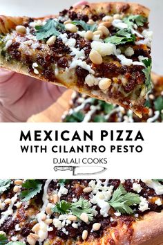 mexican pizza with cilantro pesto, pine nuts and parmesan cheese