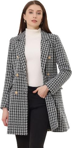 Allegra K Women's Lapel Collar Coat Elegant Double Breasted Plaid Tweed Blazer Outerwear, Black, M : Amazon.co.uk: Fashion Lapel Collar Coat, Tartan Coat, Coat Elegant, Work Meetings, Stylish Coat, Collar Coat, Faux Suede Jacket, Tweed Coat, Collared Coat