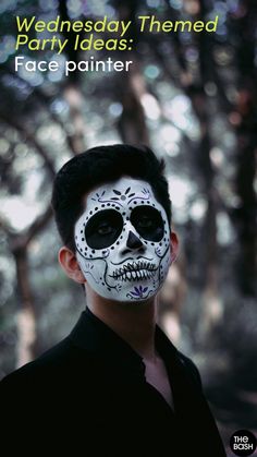 a man wearing a skull mask with the words wednesday themed party ideas face painter