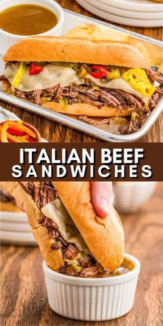 the italian beef sandwich is cut in half