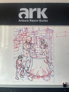 a drawing of two people standing in front of a fire hydrant with the words ark written on it