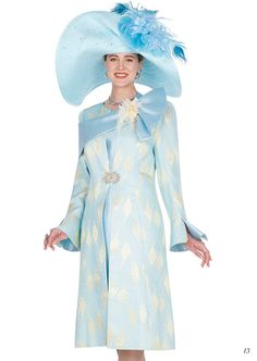 Elite Champagne 5882 Blue And Gold Pattern, Brocade Jacket, Couture Hats, Church Dress, Dress Colors, Church Suits, Women's Suits, Church Dresses, Matching Hat