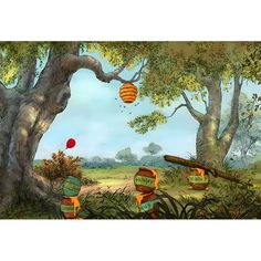 an image of a forest scene with beehives and honeycombs hanging from trees