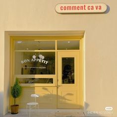 the front entrance to a restaurant called bon appetit with chairs and potted plants