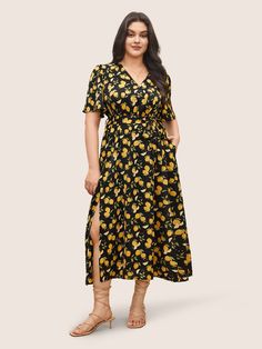 Split Side Dress, Ruffle Sleeves Pattern, Side Split Dress, Side Dress, Trendy Dress, Lemon Print, Fruit Print, Sleeve Pattern, Sleeves Pattern