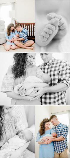 a couple cuddles while holding their newborn baby in the middle of four different photos