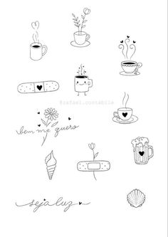 some coffee related items are drawn in black and white