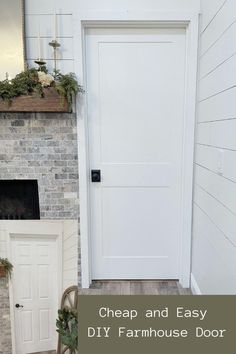 a white door sitting next to a brick fireplace