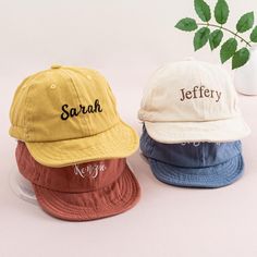 ✤ Tips: Due to the soft material of the hats, embroidery may result in slight wrinkling. ✤ Product details: Each hat is embroidered with a personalized name, adding a unique and special touch. Whether it's for a day at the park, a family outing, or simply to complete their everyday look, these hats are a must-have for your little fashionistas. ✤ Embroidery Name:  Make these hats truly special by adding your child's name with beautiful embroidery. The personalized touch adds a unique and memorable element to their hat, making it one-of-a-kind. ✤ Perfect Size:  Hat Circumference: 17.7-19.6 inches Suggested Age: 8 months - 4 years old This ensures a secure and comfortable fit, accommodating the growth of your child as they explore the world around them. ✤ Fabric: Cotton. The Kid's Base Hat is Cotton Hat With Curved Brim For Playtime, Playful Baseball Cap With Letter Print, Adjustable Embroidered Flat Cap, Embroidered Adjustable Flat Cap, Playful Letter Print Baseball Cap, Cute Cotton Baseball Cap With Letter Print, Cute Hats With Embroidered Logo And Curved Brim, Curved Brim Hat With Letter Embroidery, Personalized Cotton Hat With Curved Brim