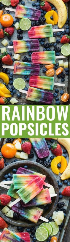 rainbow popsicles with fruit on them and the title overlay reads, rainbow popsicles