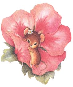 a drawing of a teddy bear sitting in a pink flower with green leaves on it