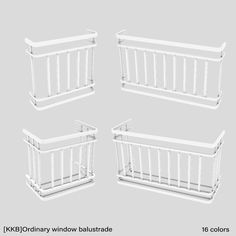 four white plastic baskets sitting next to each other on top of a gray background,