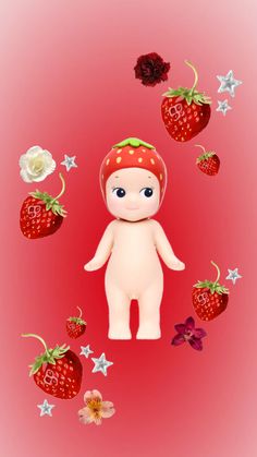 a small doll is surrounded by stars and flowers on a pink background with white, red, and blue colors