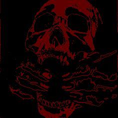 a red and black image of a skull