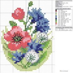 a cross stitch pattern with red, white and blue flowers in the center is shown