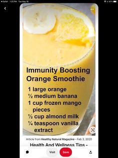 an orange smoothie is shown with information about the ingredients and how to make it