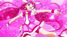 an anime character with pink hair and white dress, flying through the air in front of stars