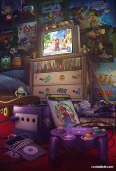 the video game room is full of games and toys, including an old tv with mario kart on it