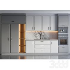 a kitchen with white cabinets and marble counter tops