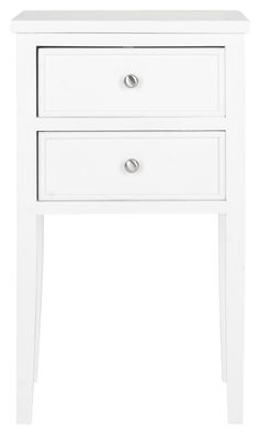 a white nightstand with two drawers and one drawer on the bottom, in front of a white background