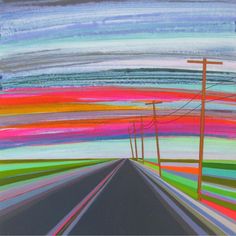 an abstract painting with lines and colors on the side of the road in front of telephone poles