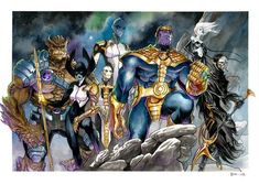 an artist's depiction of the avengers and other superheros standing in front of a mountain