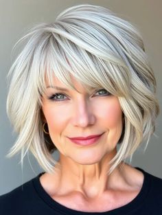 Short White Hair With Bangs, Blonde Hair Short Cut, Sassy Haircuts For Women Over 50, Gray Bob Hairstyles Over 50, Silver Bob Haircut, Short Hairstyles For Women Over 50, Short Hairstyle Women With Bangs, Sassy Haircuts For Women, Layered Stacked Bob Haircut